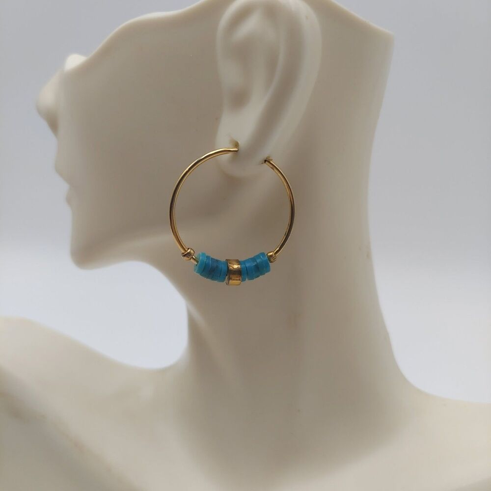 Turquoise Color Goldtone Hoop Earrings 1"